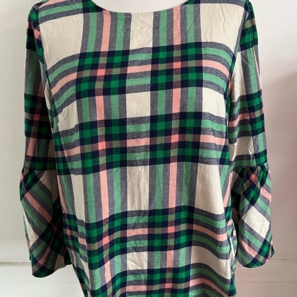 J. Crew • Green Plaid Flannel Bell Sleeve Blouse - Picture 3 of 8